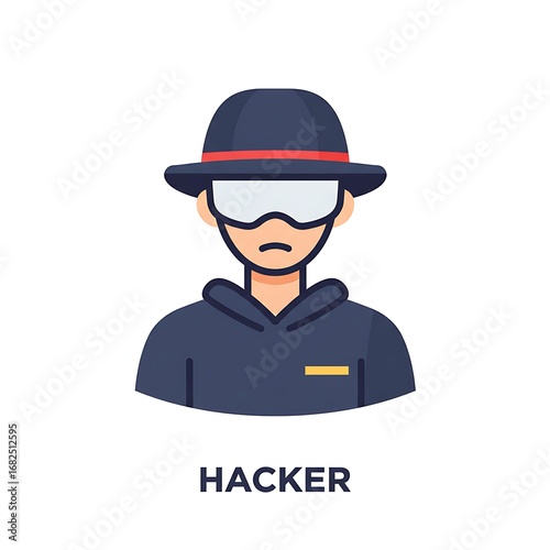 Vector icon of an anonymous computer hacker wearing a dark hoodie, fedora hat, and visor.