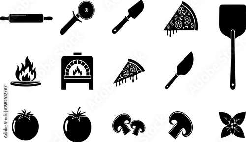 Pizza Baking Process Black and White Icon Set | Culinary Preparation Symbols for Restaurant Menu, Food Delivery Service and Recipe Illustrations