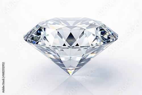 Side view of brilliant cut diamond showing intricate faceting patterns and internal light reflections on white surface