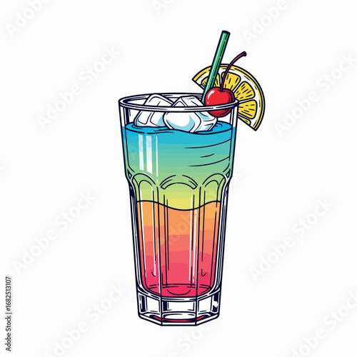 vector, illustration, cocktail, drink, glass, alcohol, juice, ice, beverage, isolated, orange, cold, lemon, white, fruit, blue, straw, red, liquid, drinks, tequila, lime, refreshment, green, bar, trop