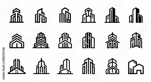 A versatile set of black line art building icons, representing modern architectural concepts and urban property development for corporate identity