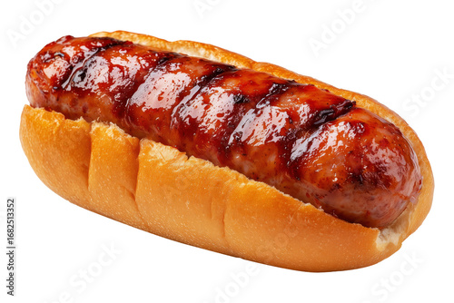 Argentina Choripn grilled chorizo sausage sandwich topped with green chimichurri sauce, isolated on white transparent background. Concept of gourmet South American Cuisine street food