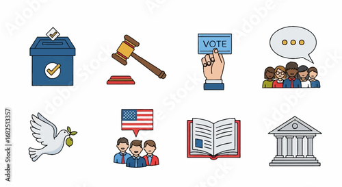 A collection of colorful line icons representing concepts of democracy, civil rights, and political elections