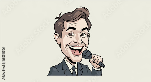 Illustration of a smiling man holding a microphone, ready to speak or perform