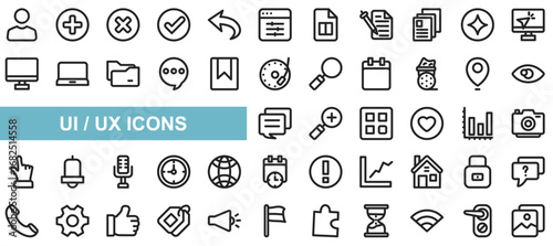 UI/ux icon collection set. people, Add, Delete, check, Undo, Configuration, Notes, Signal tower, Connectivity icon. Simple line vector.