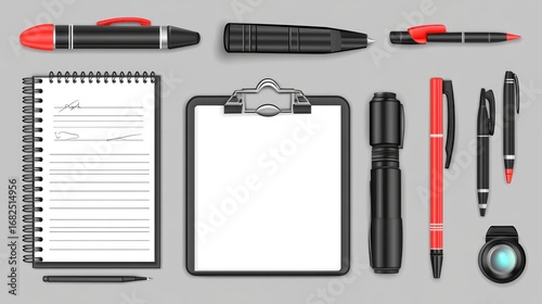 Stationery arrangement showcasing various pens, notepad and clipboard for creative work