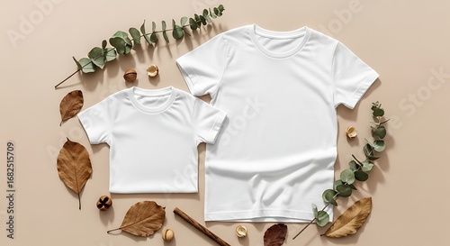 Two white t-shirts, adult and child size, with eucalyptus and leaves on beige background.