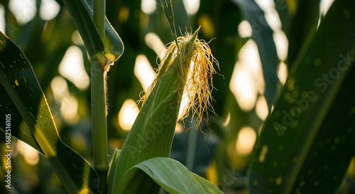 Close-up of a ripening corn cob with golden silk, surrounded by green leaves in a sunlit field, suggesting a harvest season.