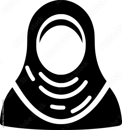 Minimalist black and white vector icon of a Muslim woman in modern cyberpunk style. Perfect for logos, stickers, and digital use.