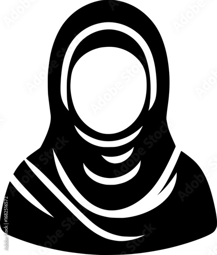 Minimalist black and white vector icon of a Muslim woman in modern cyberpunk style. Perfect for logos, stickers, and digital use.