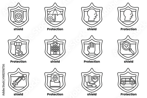 A set of 12 shields with the word protection written on them