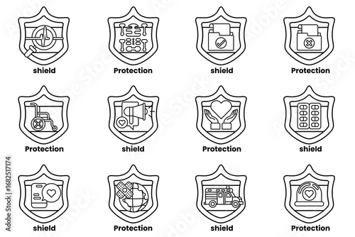 A set of 12 shields with the word protection written on them