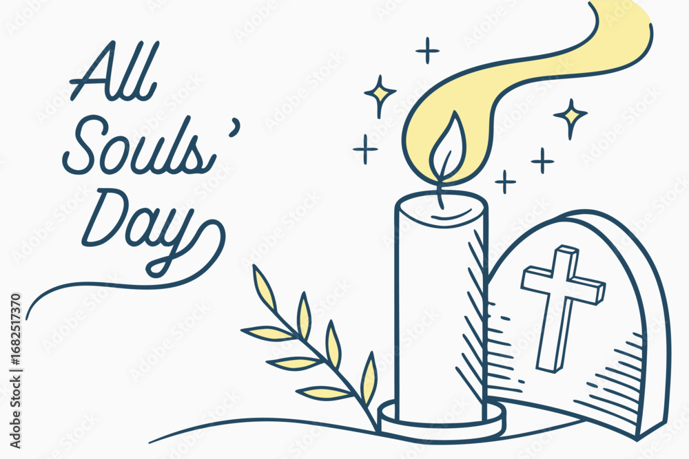 Obraz premium All Souls’ Day Vector Illustration, Minimalist Candle with Soft Glow, Peaceful Spiritual Memorial Design