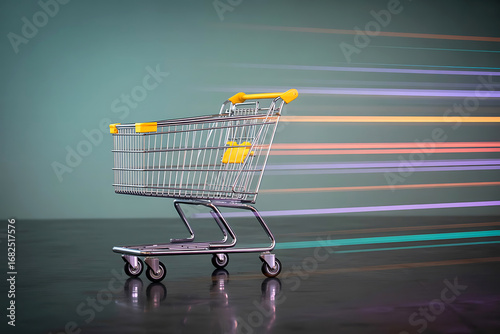 A silver shopping cart with yellow accents streaks with colorful light trails against a teal background