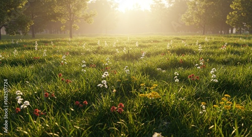 Sunlit meadow with red and white wildflowers and trees
