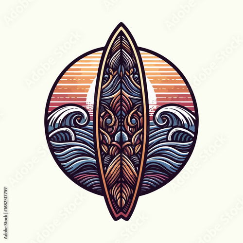 Surfboard art with waves and sunset, perfect for summer vibes and travel.