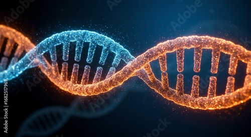 Abstract scientific background with a futuristic DNA spiral in blue and orange tones on a dark background with free space for text