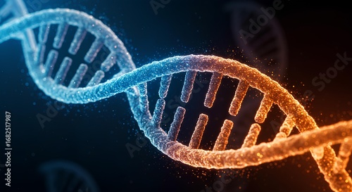 Abstract scientific background with a futuristic DNA spiral in blue and orange tones on a dark background with free space for text