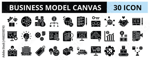 30 Business Model Canvas Glyph Icons Vector - Cost Structure, Key Resources, Execution, System, Supplier, Production, Brand