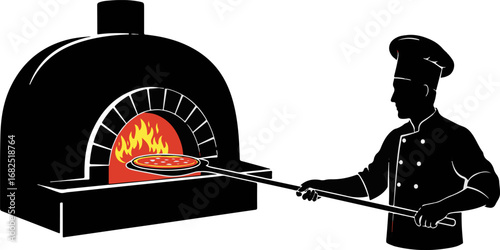 Pizza Chef Silhouette with Wood Fired Oven | Restaurant Marketing and Food Industry Illustration