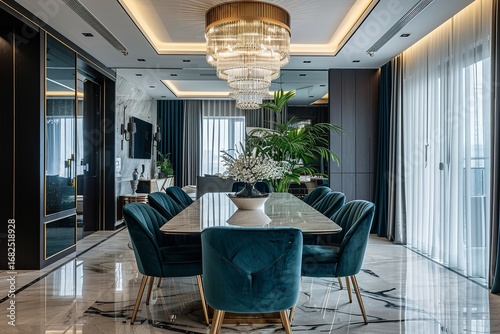 Elegant Dining Room Interior with Velvet Chairs, Marble Flooring, and Chandelier Lighting Design