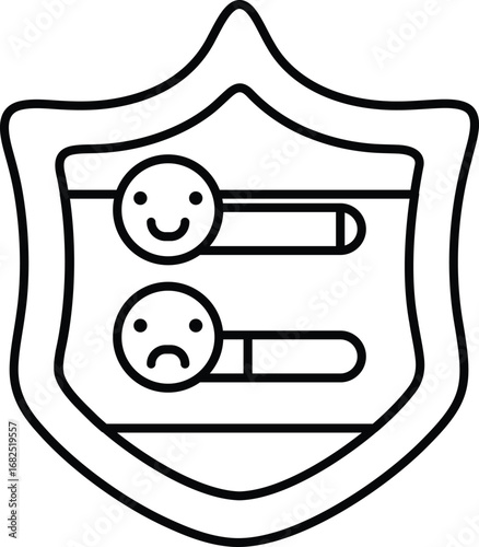 A shield with two faces on it, one smiling and one frowning