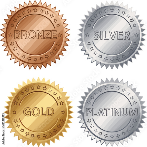 Bronze, silver, gold, platinum badges, star emblems, award seals, metallic badges, achievement icons, victory symbols, honor marks, prize seals, champion badges, shiny medals, success tokens