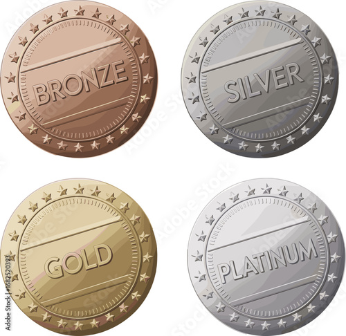 Bronze, silver, gold, platinum medals, award coins, achievement symbols, victory prizes, champion rewards, shiny metallic medals, star decorations, competition awards, honor trophies