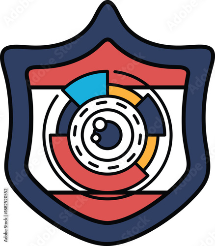 A colorful shield with a large eye in the center