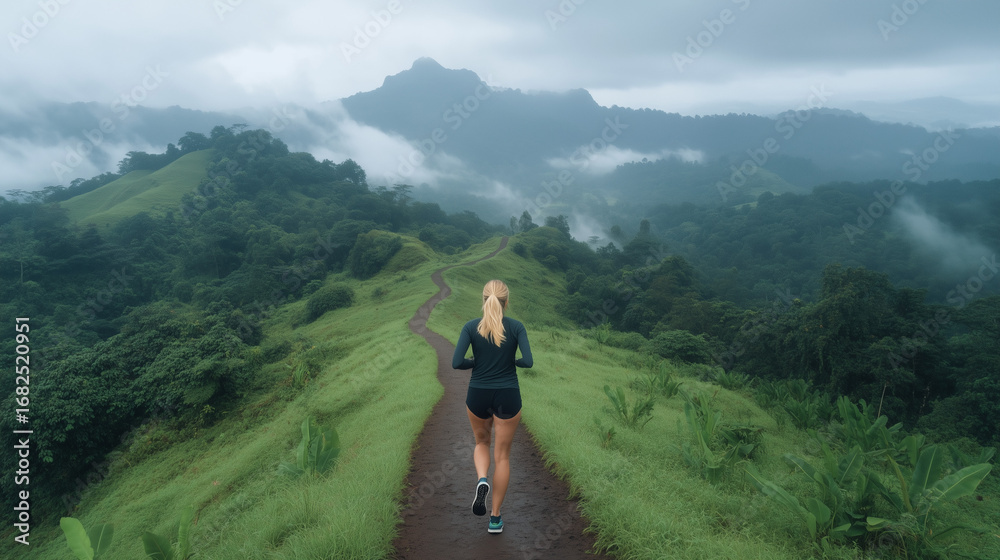 Fototapeta premium ai trail running through lush green hills under a cloudy sky in a mountainous area during early morning hours