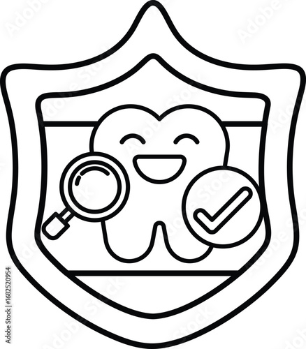 A smiling tooth with a magnifying glass on it