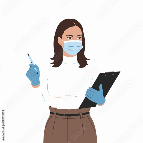 A female healthcare worker wearing a mask and gloves holds a syringe and clipboard, preparing for vaccination or medical procedure.