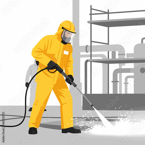 Industrial worker in protective gear cleaning a factory floor with a high-pressure water jet.