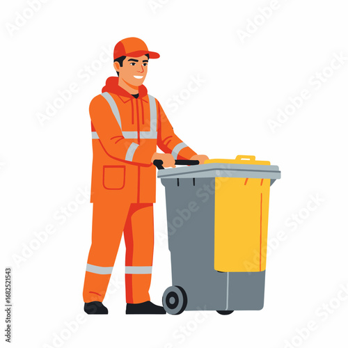 Smiling sanitation worker pushing a large garbage bin.