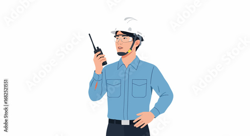 Construction worker using walkie-talkie, attentive expression, safety helmet.