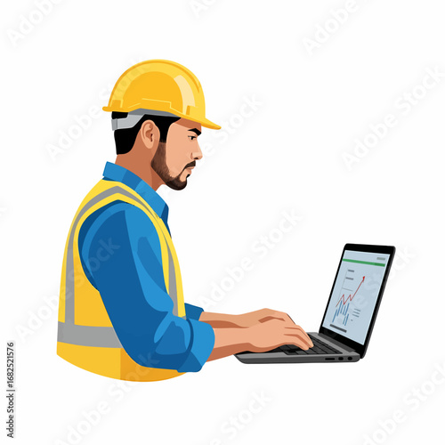 A male construction worker or engineer in a hard hat and safety vest analyzing data on a laptop.