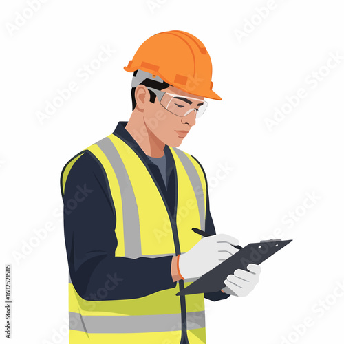 A male construction worker wearing a hard hat, safety glasses, and a high-visibility vest while writing on a clipboard.