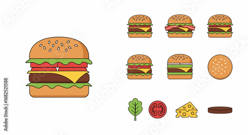 Various illustrations of hamburgers and their components, showcasing different views and arrangements of the food.