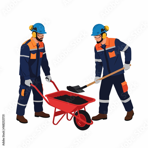 Two industrial workers in safety gear loading coal into a red wheelbarrow with a shovel.