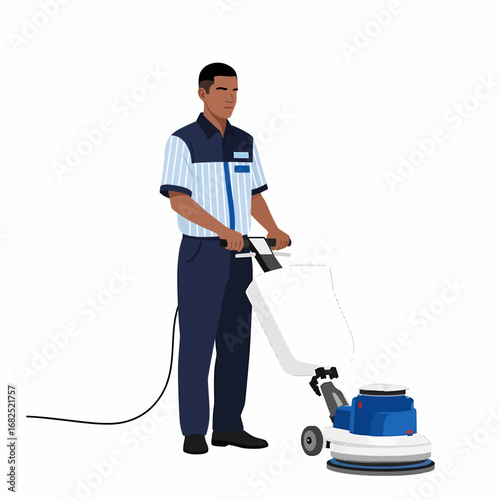 A worker in uniform operating a floor polishing machine.