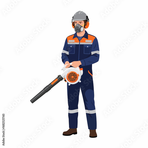 Worker in protective gear holding a leaf blower, ready for work.