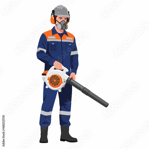 Worker in safety gear operating a leaf blower.