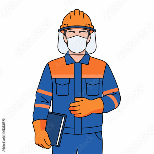 An illustrated industrial worker wearing a hard hat, face shield, mask, and gloves while holding a notebook.