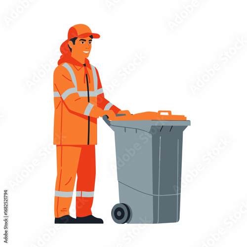 A friendly sanitation worker in an orange high-visibility uniform pushing a grey wheeled trash bin.