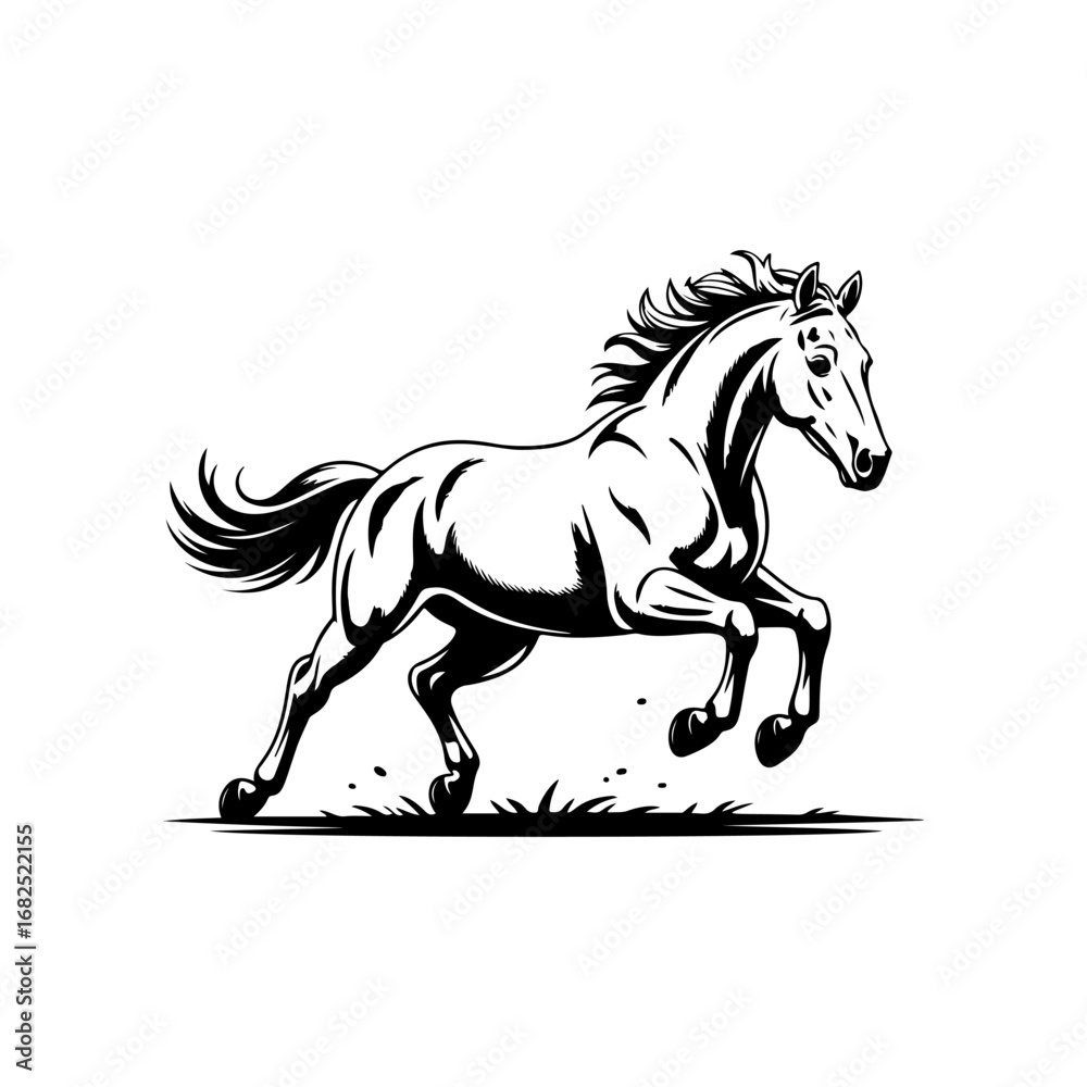 Obraz premium Black and white illustration of a running horse. Monochrome image of a horse. Design element for logo, sign, poster, emblem. Vector illustration