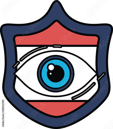 A blue and red shield with an eye on it