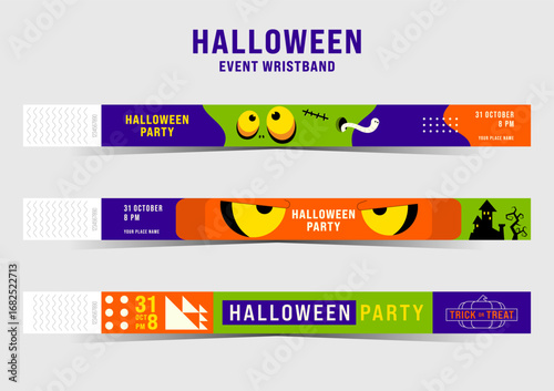 Set of halloween party event wristband design template. Three colorful bracelet with jack-o'-lantern pumpkin, monster, flat design style for admission control, vector illustration
