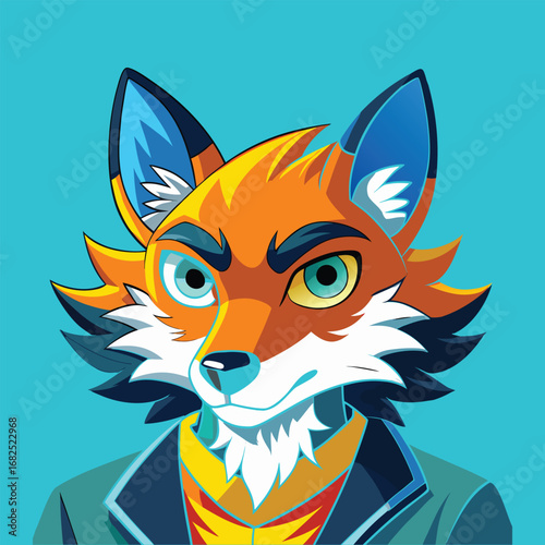  illustration of an anthropomorphic fox in a jacket against a dark background