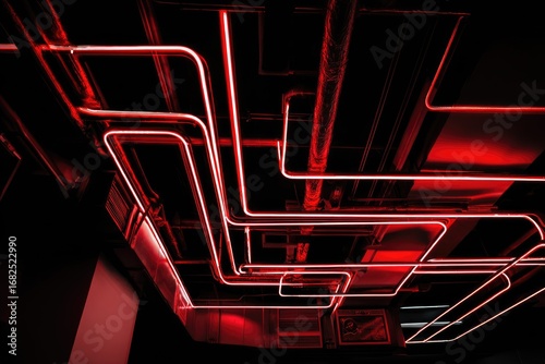 Intricate red neon tubes form a complex network against a dark background