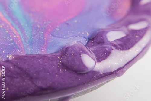 Close-up of glossy, iridescent purple paint with glitter, showing drips and swirls